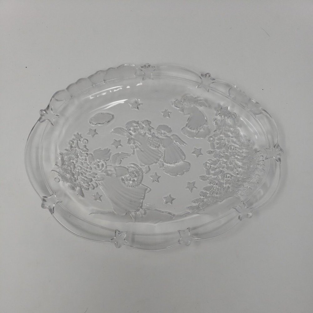 Mikasa Holiday Lights Clear Glass Frosted Christmas Angels  Plate 9x7